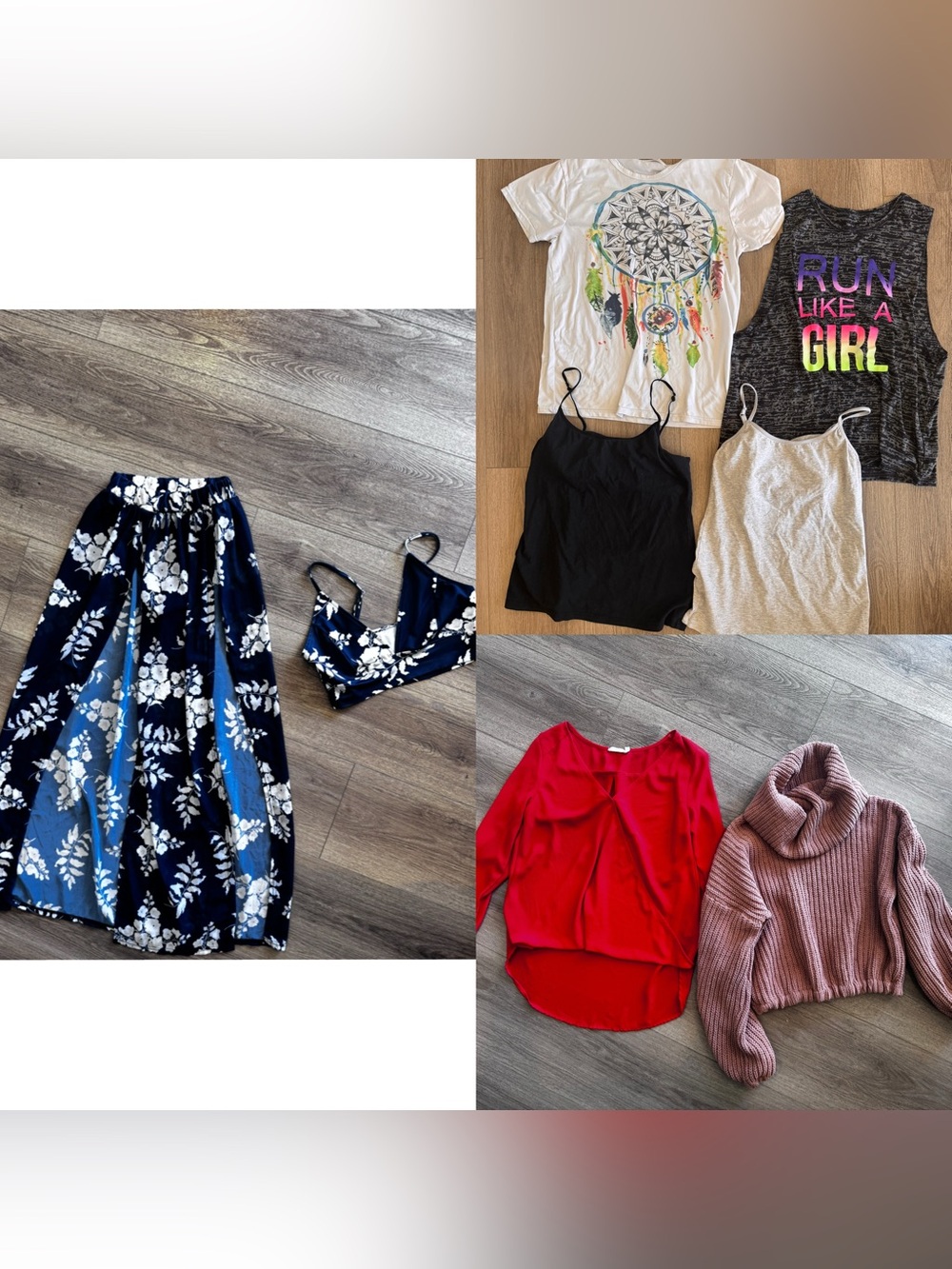 Mixed Women's Clothing Bundle - Navy Floral Skirt, Red Blouse, Tops